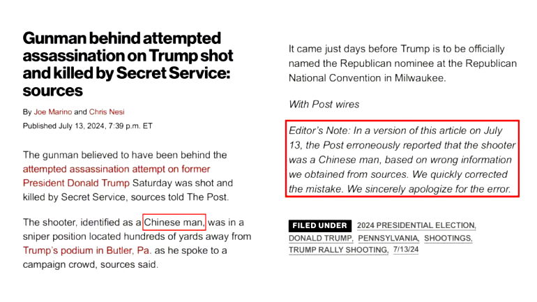 New York Post apologizes for misreporting Trump shooter as ‘Chinese man’