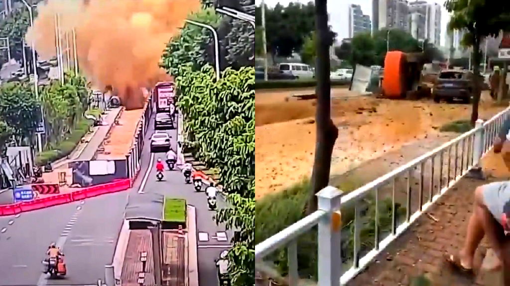 Watch: Cars covered in poop after pipe explosion in Chinese city